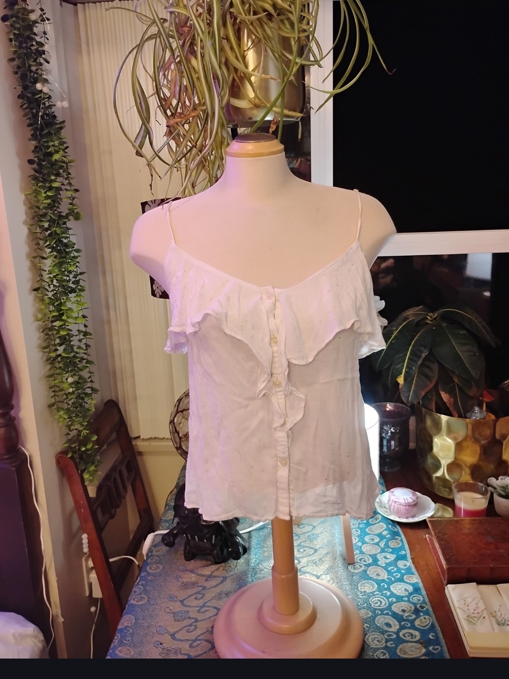 American Eagle Outfitters White Ruffle Button-Front Camisole